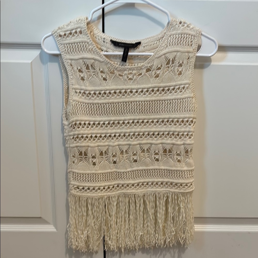 BCBGMaxAzria Cream Crochet Fringe Crop Top